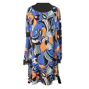 Kaari Blue Abstract‎ Floral Shift Dress Lace Trim Long Sleeve Size L Mod Resort